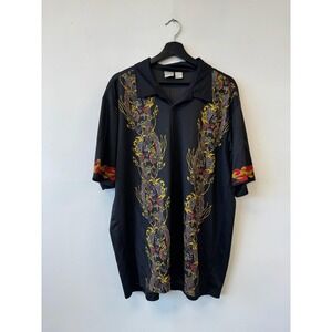 VTG Unity Shirt Large Black Dragon Button Up Camp Bowling Polyester Casual Y2K